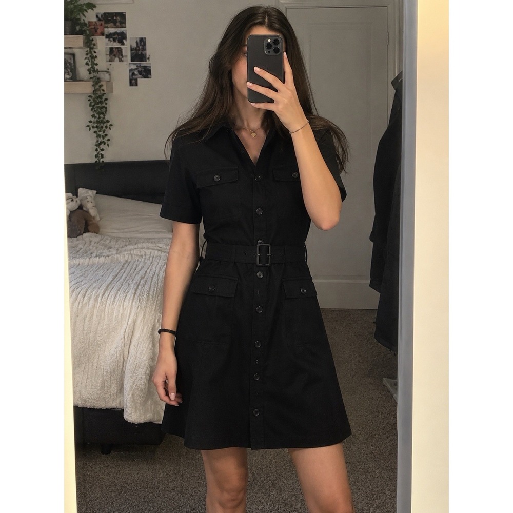 H&M Womens Size 10 Black Belted Utility Shirt Dress NWT Stretch Cotton